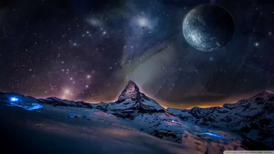 A pyramid-shaped alpine peak stands against a purple star field, a grey planet overhead and faint blue lights tracing the snow slopes below.