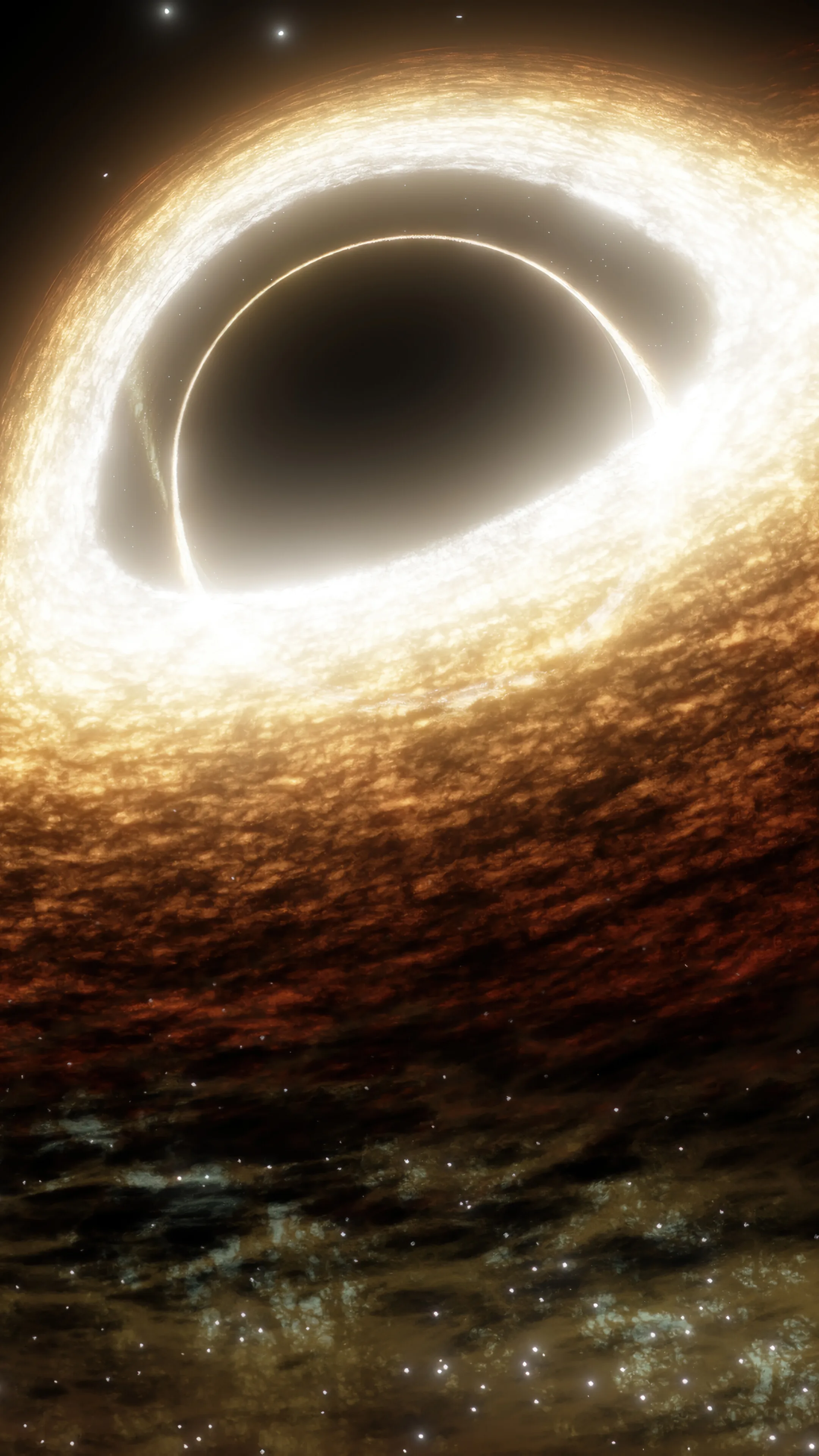 A black hole seen edge-on, its glowing golden disc bending light around the dark centre.