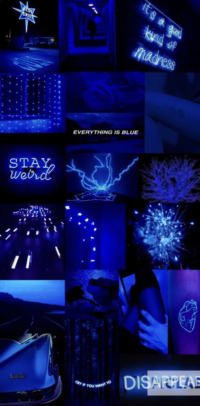 A phone-shaped patchwork of royal blue photos, string lights, coral and cut-out text stacked in uneven rows from the top of the frame to the bottom.