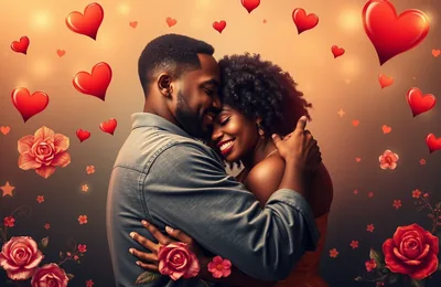 An illustrated couple hold each other close, cheek to cheek, while red hearts and roses float around them on a warm amber background.