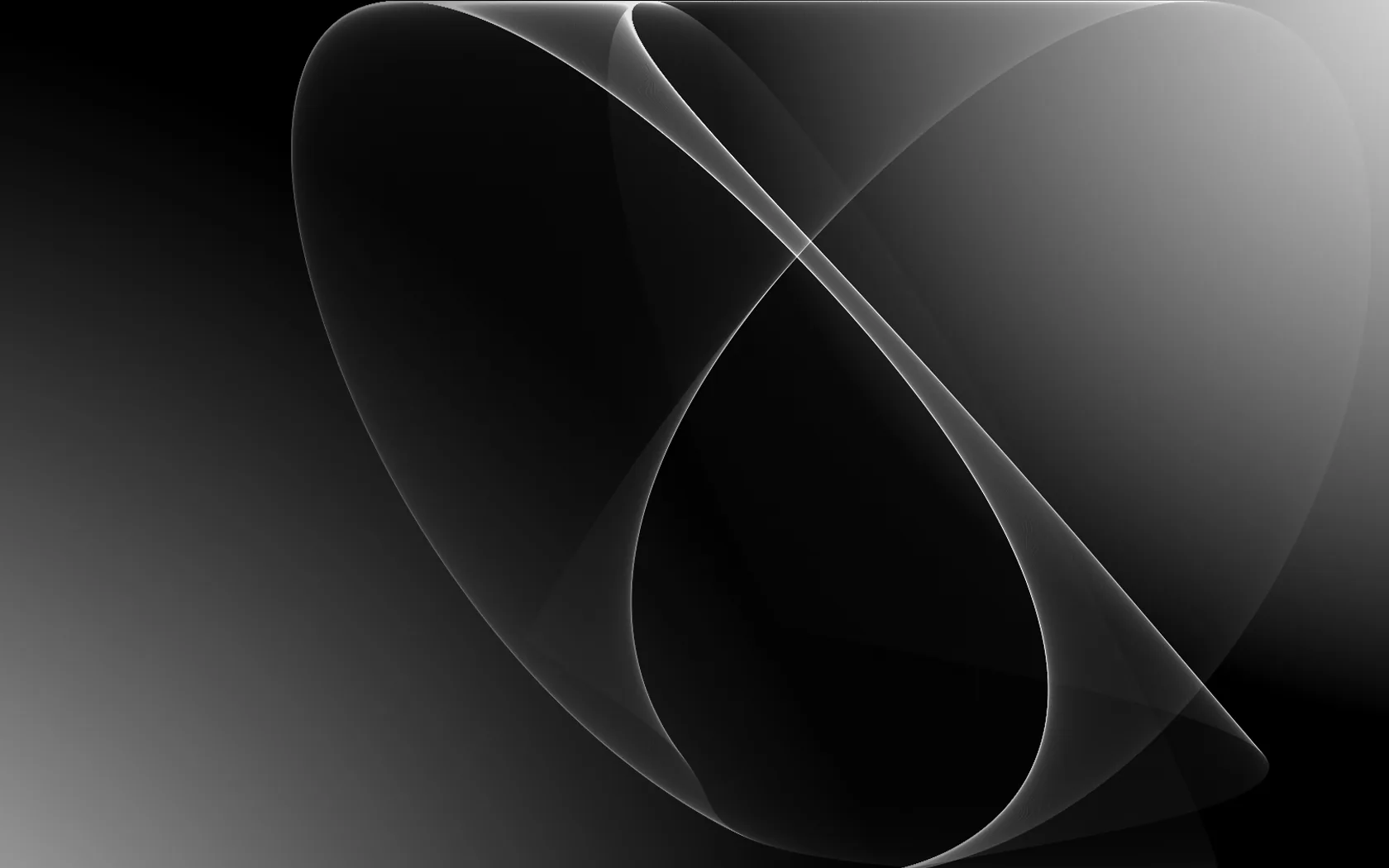 Two wide translucent curves cross near the centre, their edges lit while the middle stays open and dark.