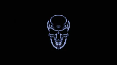 Only the edges of the skull are drawn, glowing pale blue like a wireframe, everything else swallowed by black.