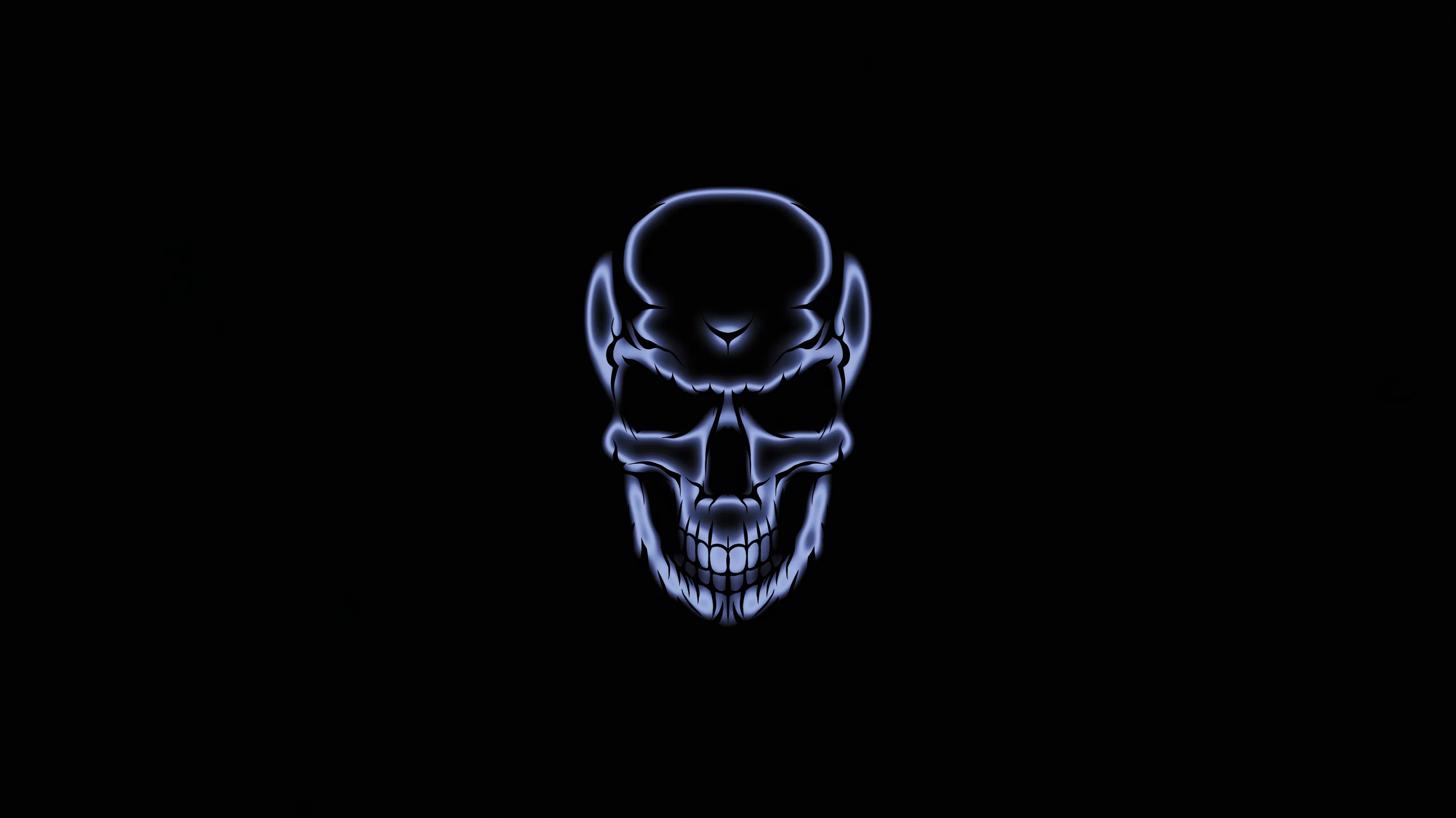 Only the edges of the skull are drawn, glowing pale blue like a wireframe, everything else swallowed by black.