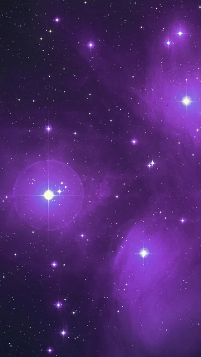Four haloed stars blaze through violet nebula haze in this portrait frame, the largest orb sitting left of centre above the dock area.