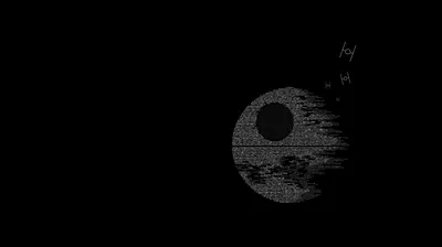 The Death Star sits low on the right, barely lit, with a few TIE fighters as small shapes above it and most of the frame in flat black.