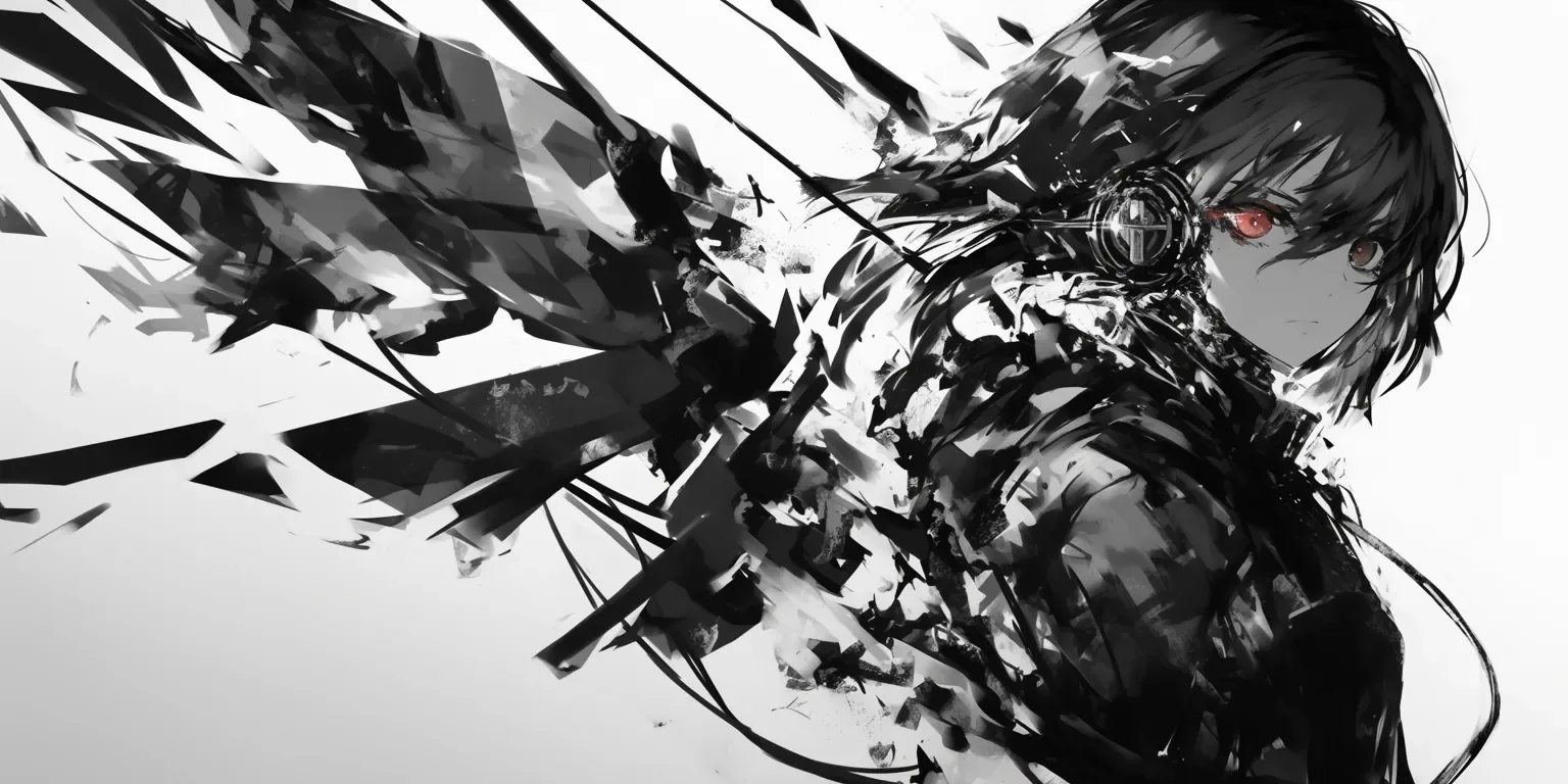 One red eye stares through a swarm of black angular fragments that scatter left across an otherwise white frame.