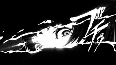 A tight crop on one wide eye with torn white brush marks slashing across it, the rest of the frame left in flat black.