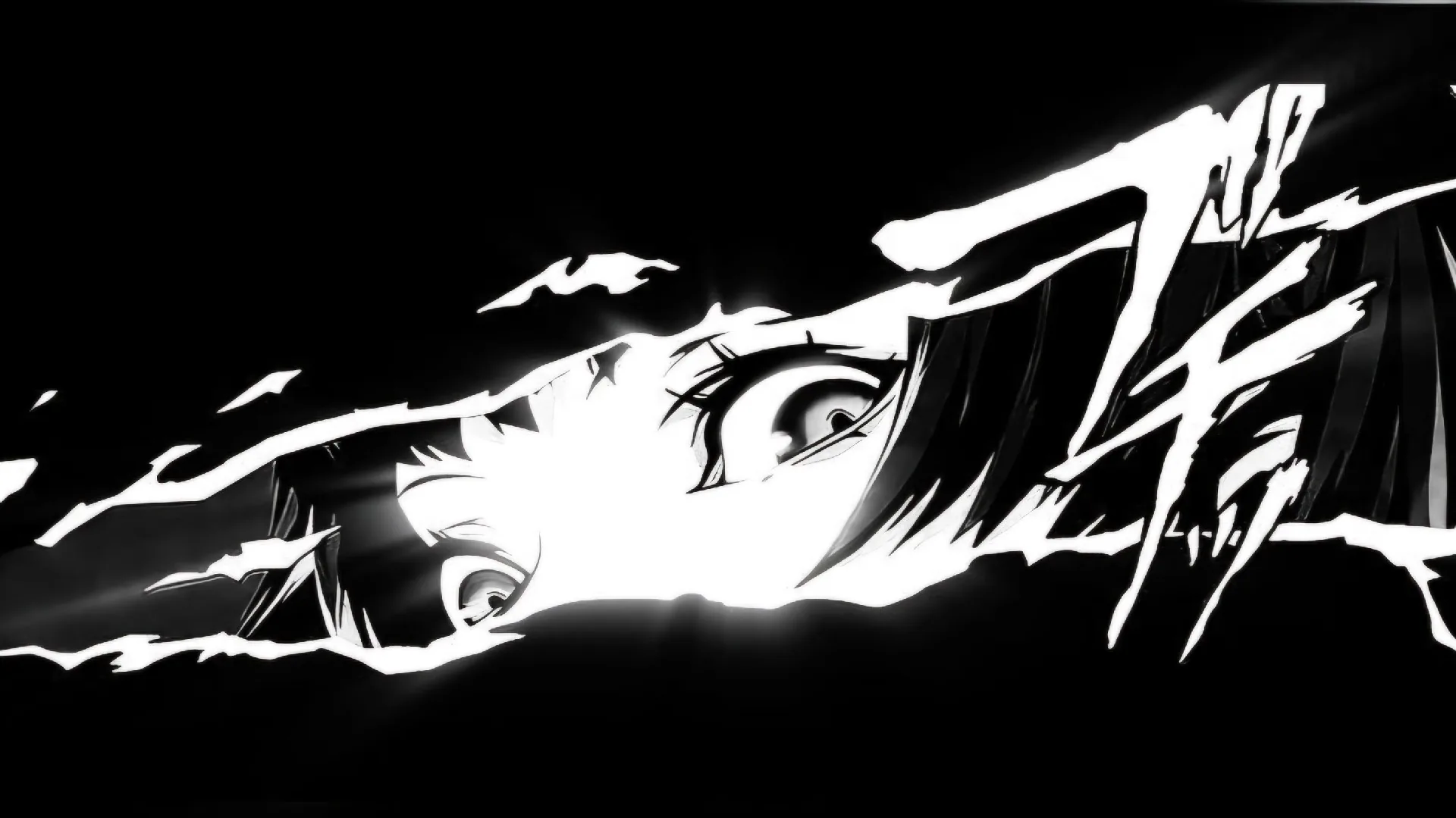 A tight crop on one wide eye with torn white brush marks slashing across it, the rest of the frame left in flat black.