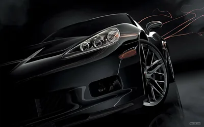 A digital painting of a black sports coupe seen from the front corner, thin red and white light trails whipping past the bodywork.