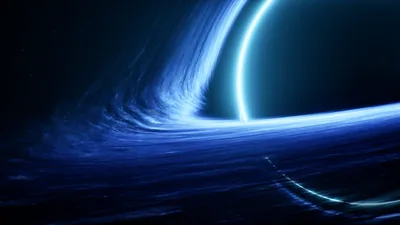 A rendered black hole with its blue disc sweeping in from the left edge, the bright ring arcing across the top right and the lower-left corner dropping to near black.