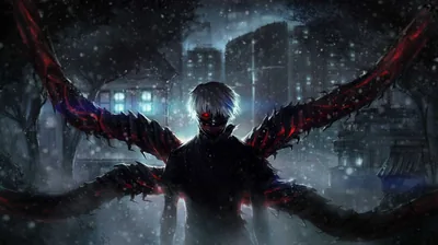 Red tendrils unfold from his back like wings in a snowbound street, the lit windows behind him almost lost in the storm.