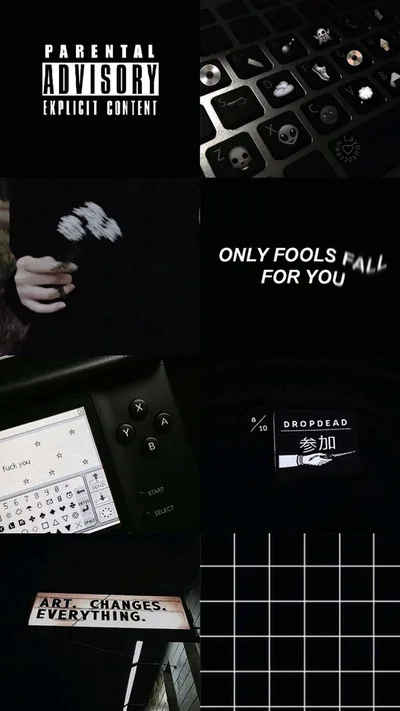 Parental advisory labels, keyboard shots and cropped type packed into a dark grid, only fools fall for you set in white across the middle.