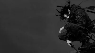 A samurai crouches low on the right with a blade angled down, hair whipping sideways across a flat grey monochrome background.