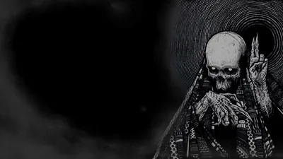 The robed skeleton stands to the right with one finger raised while the left half of the frame is left as an empty black void.
