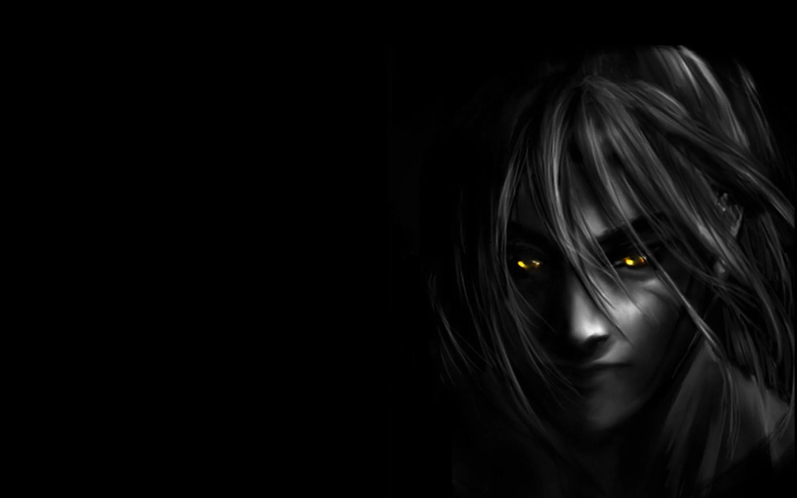 Almost the whole frame is black; only a pale face surfaces at the right edge, hair hanging loose and two yellow eyes catching the light.