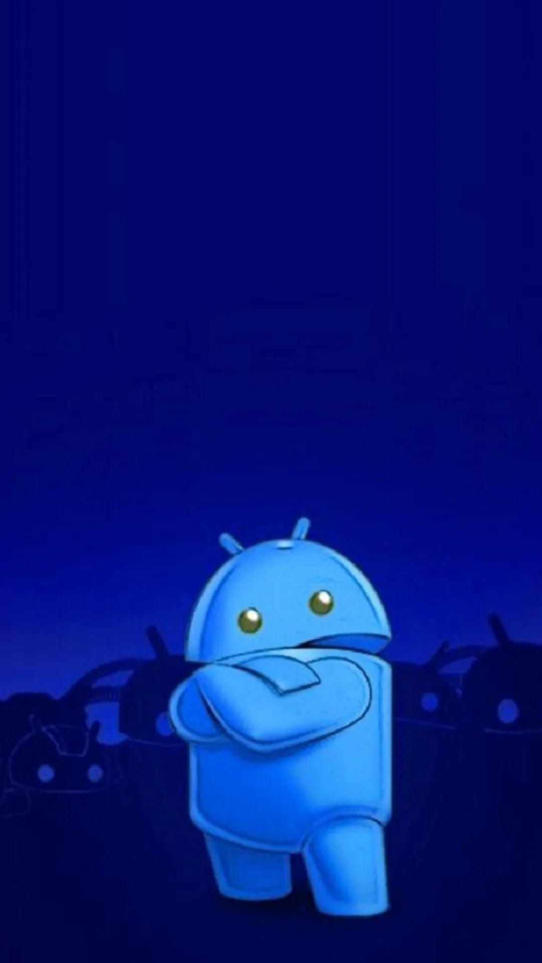 A glossy blue Android robot stands with folded arms among shadowy robot silhouettes, the deep navy upper half left clear for the clock.