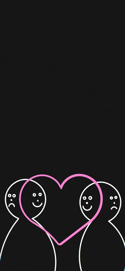 A simple white line doodle of two smiling figures sharing a pink heart, drawn low on an otherwise empty black frame.