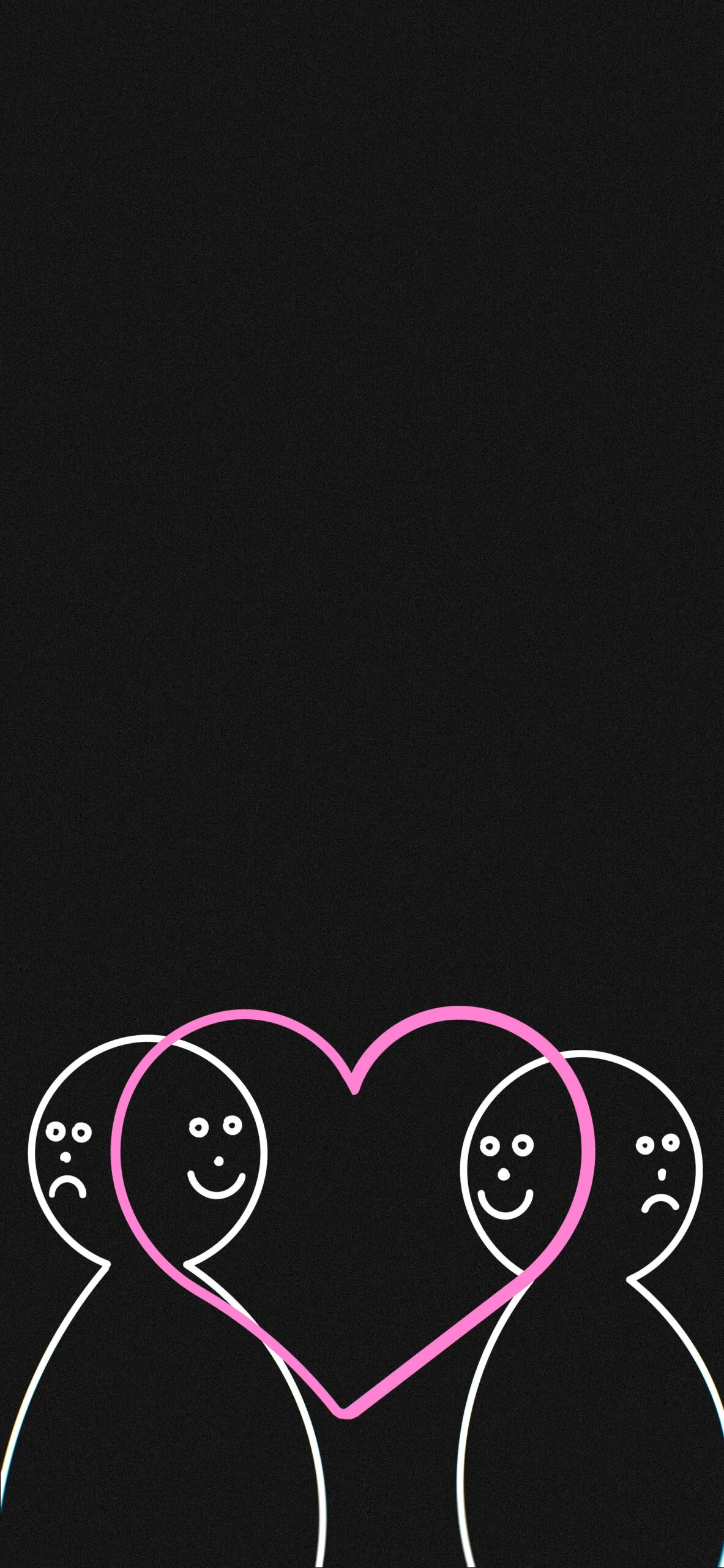 A simple white line doodle of two smiling figures sharing a pink heart, drawn low on an otherwise empty black frame.