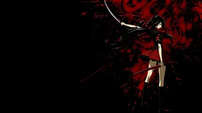 She swings a blade overhead in a short black dress while red ink sprays and curls across the right half of a black field.