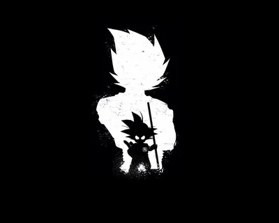 Young Goku with his staff stands dark inside a larger white grunge silhouette, everything outside the shape held at flat black for OLED screens.