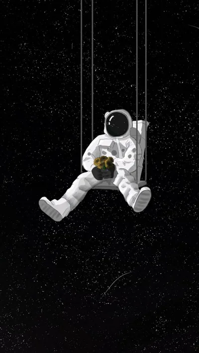 An astronaut in a white suit sits on a rope swing among the stars, holding a small glowing planet in both hands.