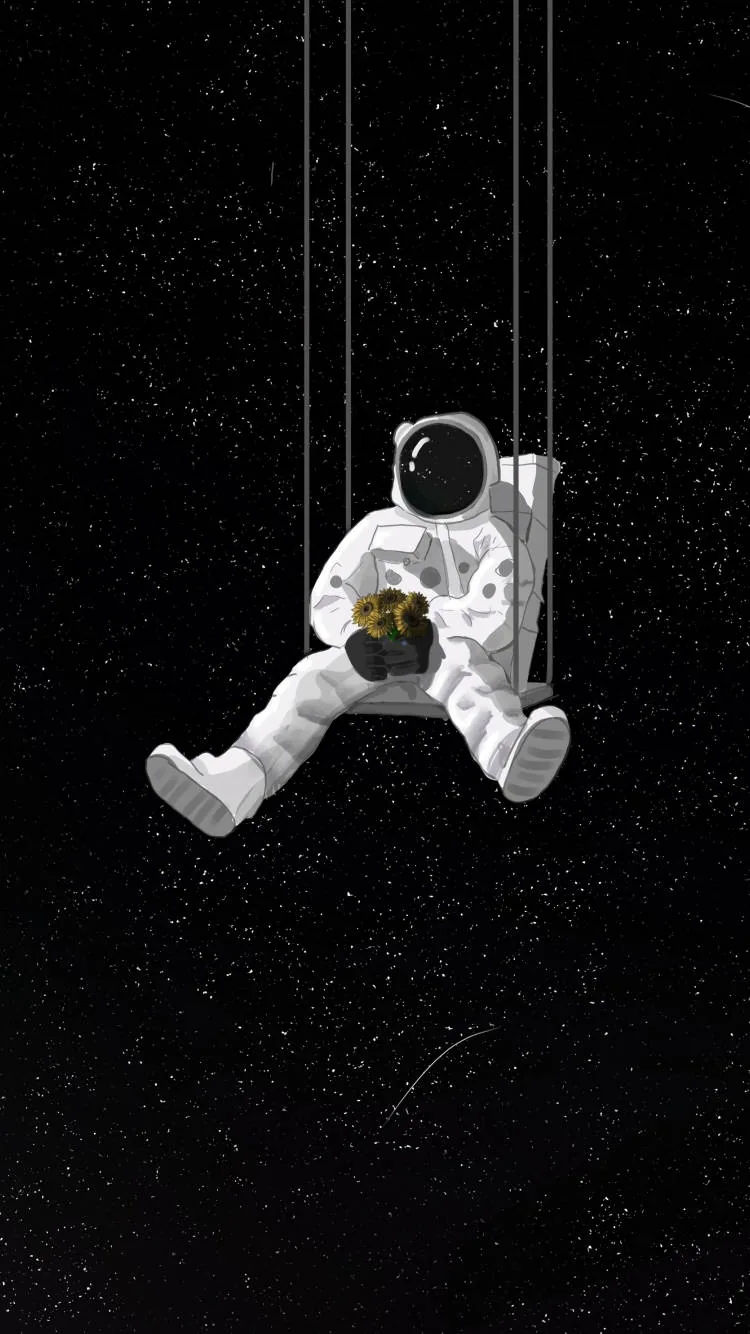 An astronaut in a white suit sits on a rope swing among the stars, holding a small glowing planet in both hands.