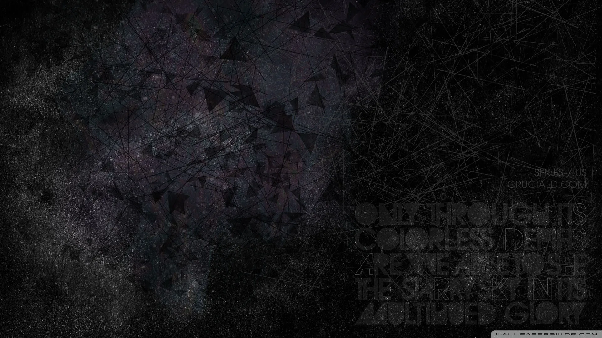 A scratched dark wall carries lines of barely readable type down the right side, the left left plain.