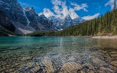 Sun through clear water lights every pebble in the foreground shallows, snow-dusted towers rising behind the pines under a bright midday sky.