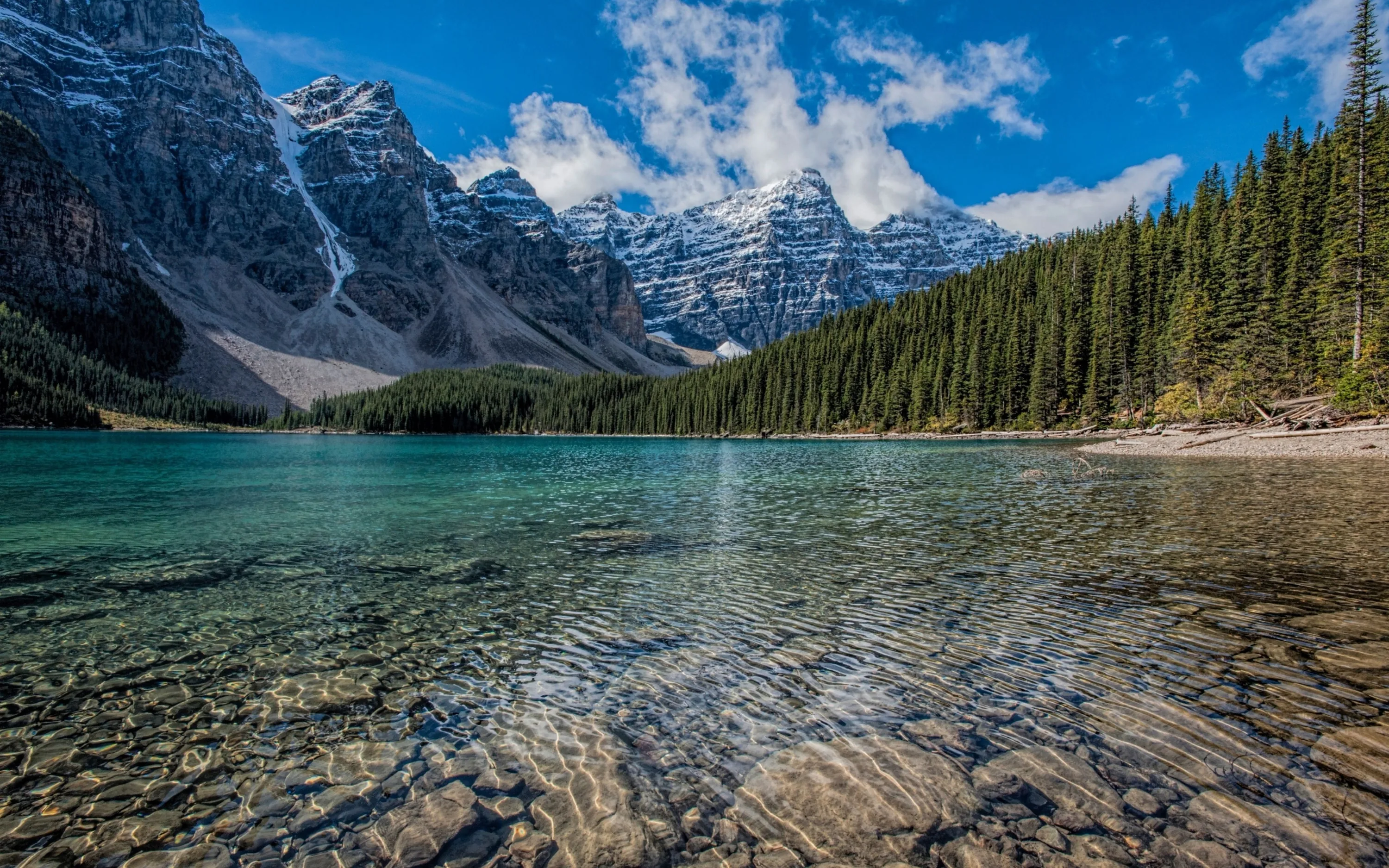 Sun through clear water lights every pebble in the foreground shallows, snow-dusted towers rising behind the pines under a bright midday sky.