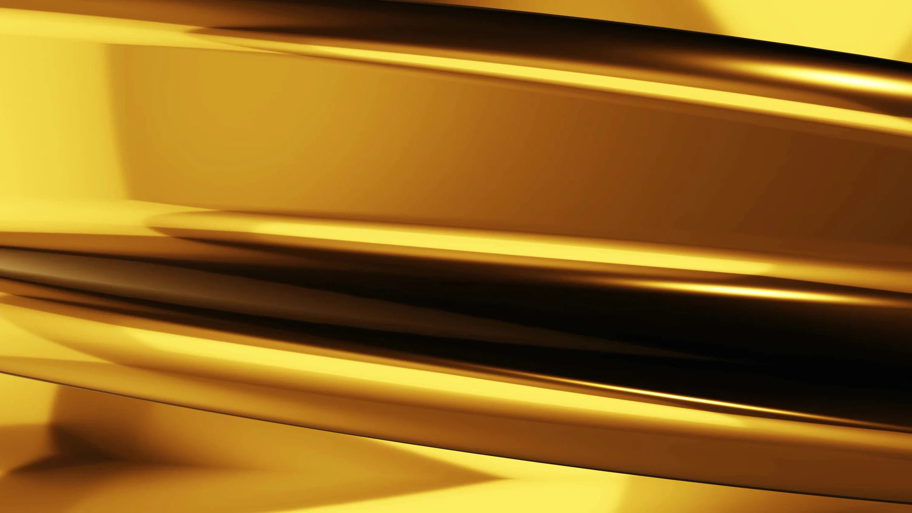 Broad diagonal bands of mirror-polished gold cross the frame, a dark strip cutting through the centre where the reflections fold over.