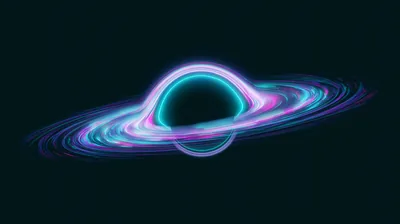 A dark sphere sits at the centre of a flat accretion disc, the ring lit in teal along the top edge and pink where it sweeps behind.
