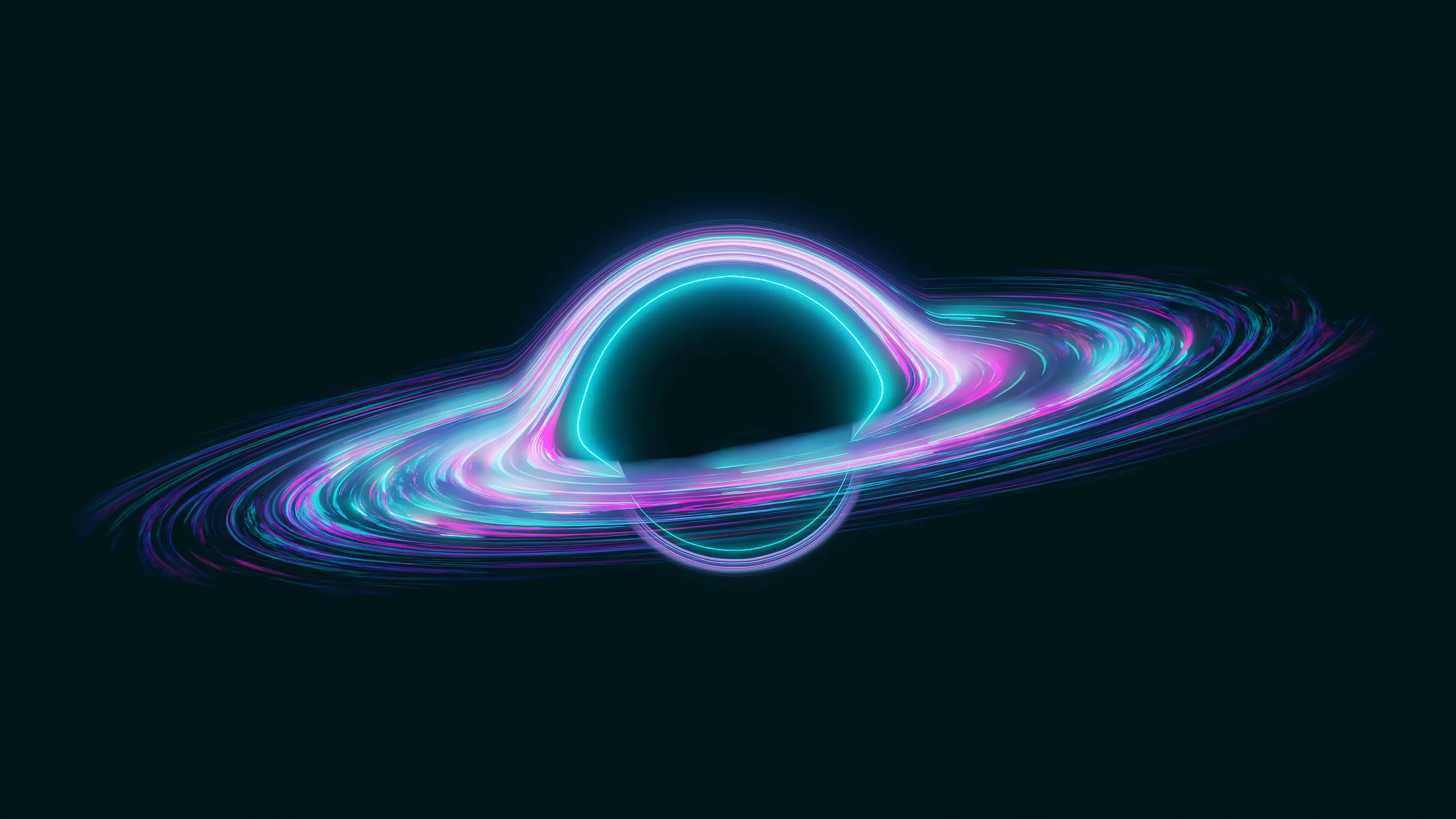 A dark sphere sits at the centre of a flat accretion disc, the ring lit in teal along the top edge and pink where it sweeps behind.