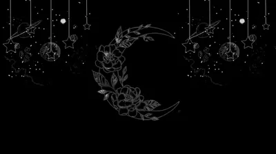 A crescent filled with fine botanical linework sits centre stage while strings of stars, moons and small lanterns drop in from the top edge on pure black.