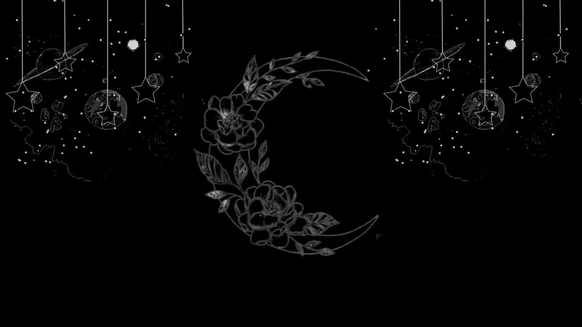 A crescent filled with fine botanical linework sits centre stage while strings of stars, moons and small lanterns drop in from the top edge on pure black.