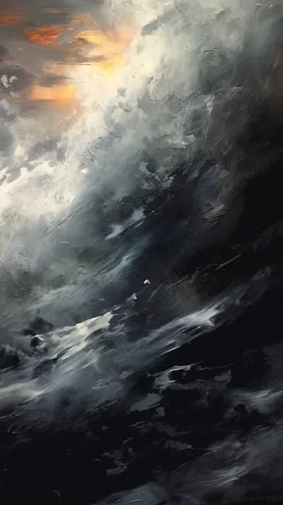 Brushstrokes of white spray climb a dark painted swell, a small break of orange sky showing in the top left corner of the storm.