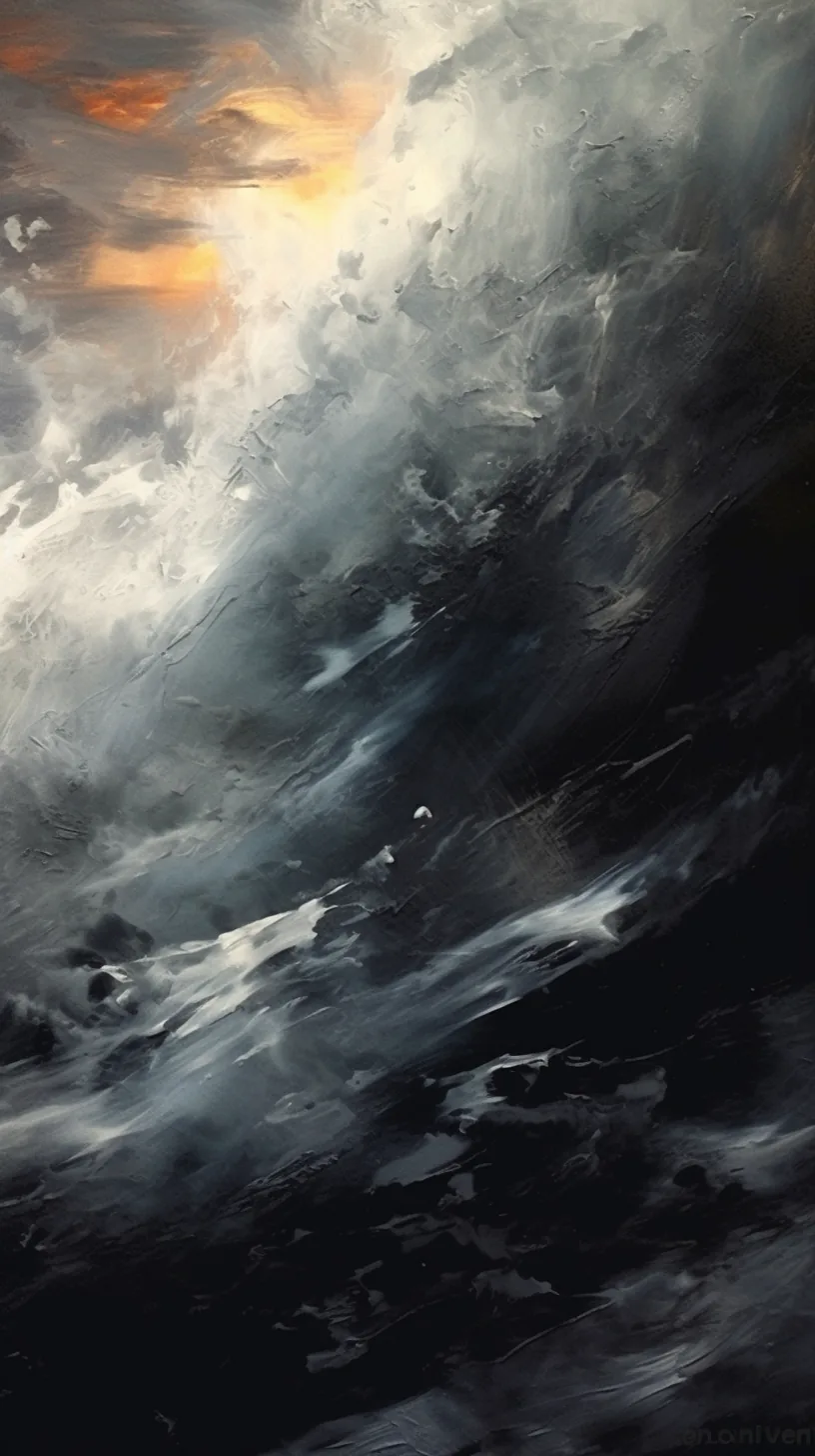 Brushstrokes of white spray climb a dark painted swell, a small break of orange sky showing in the top left corner of the storm.