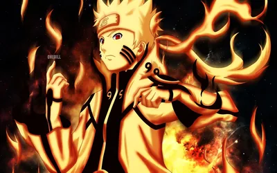 Naruto glows gold in his chakra cloak while ribbons of flame curl around him, the background kept dark so the fire carries the frame.