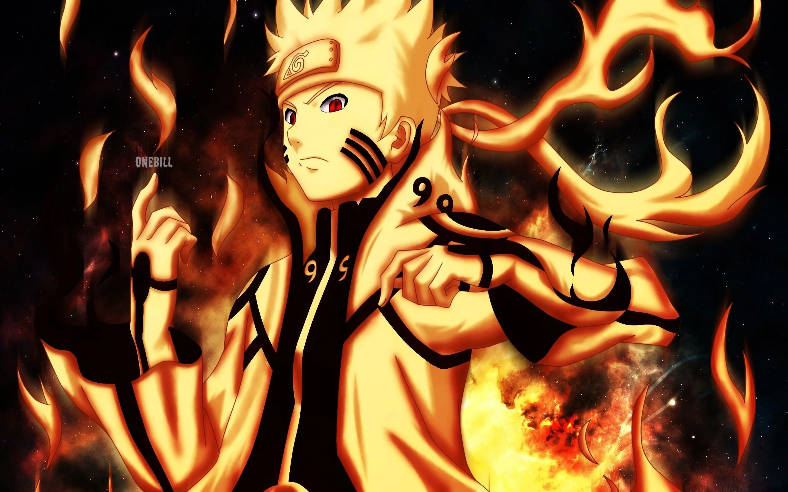 Naruto glows gold in his chakra cloak while ribbons of flame curl around him, the background kept dark so the fire carries the frame.
