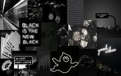 Monochrome cut-outs and quote cards tile the frame with a small neon ghost sign glowing near the bottom.