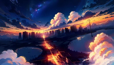 An orange-lit road runs straight through banks of cloud toward a dark skyline, the sun flaring exactly where the lanes meet the city.