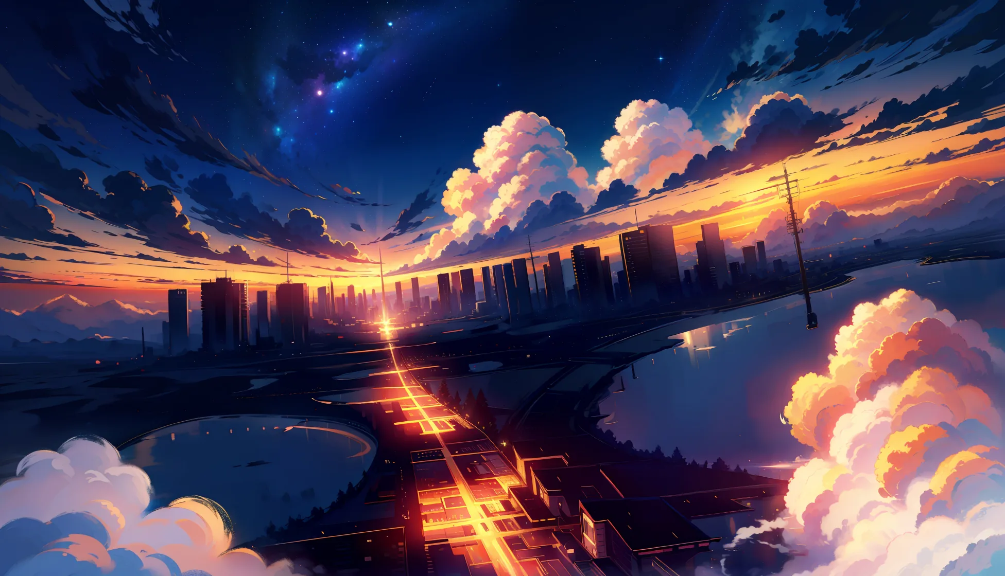 An orange-lit road runs straight through banks of cloud toward a dark skyline, the sun flaring exactly where the lanes meet the city.
