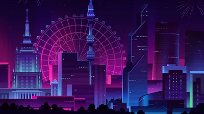 A vector skyline in purples and pinks wraps around a giant ferris wheel, fireworks bursting in the corners while the rooftops along the bottom stay solid black.