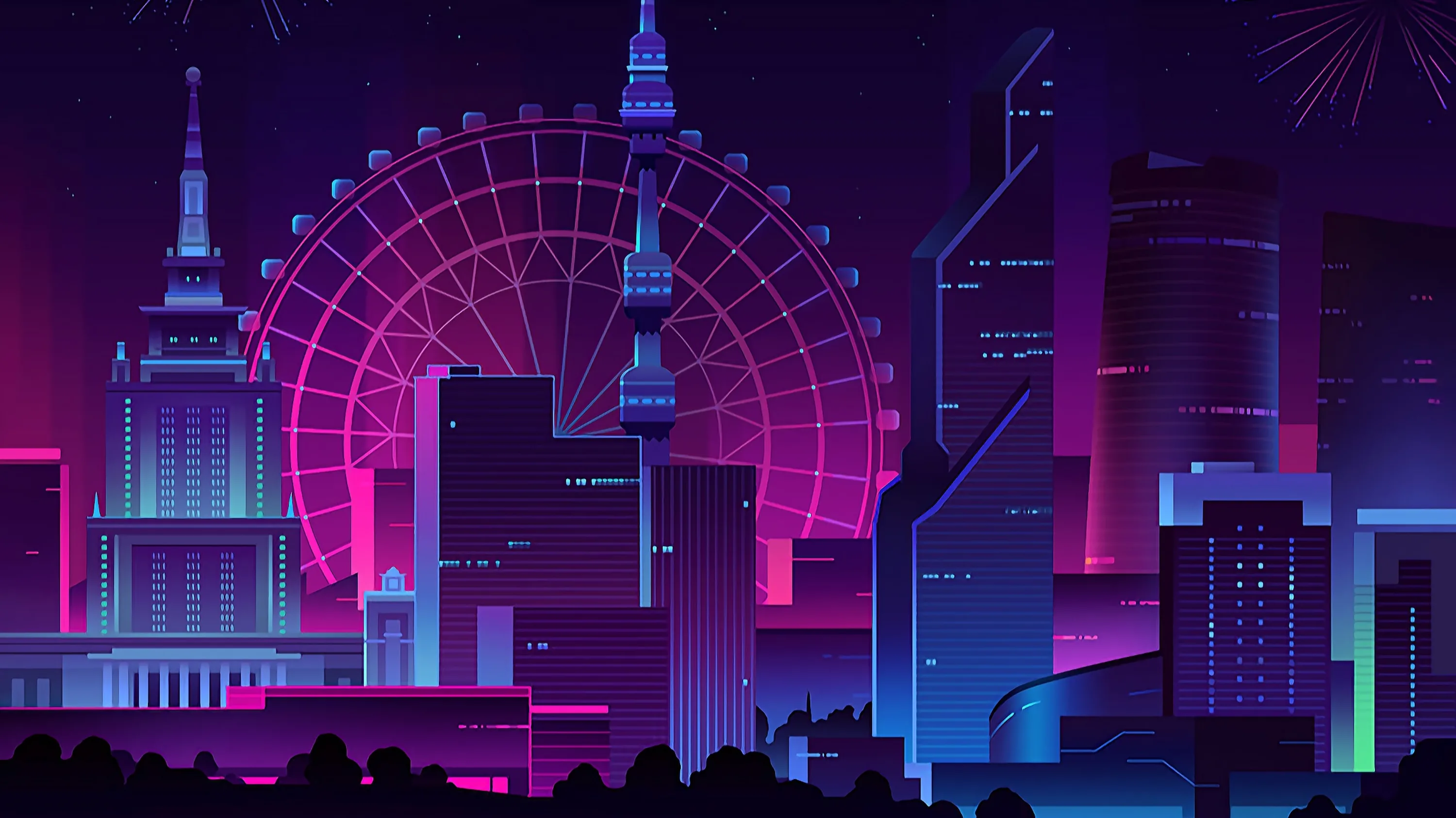 A vector skyline in purples and pinks wraps around a giant ferris wheel, fireworks bursting in the corners while the rooftops along the bottom stay solid black.