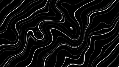 Thin white lines bend and fold across black like a topographic map stretched sideways, one small teardrop gap sitting near the middle.