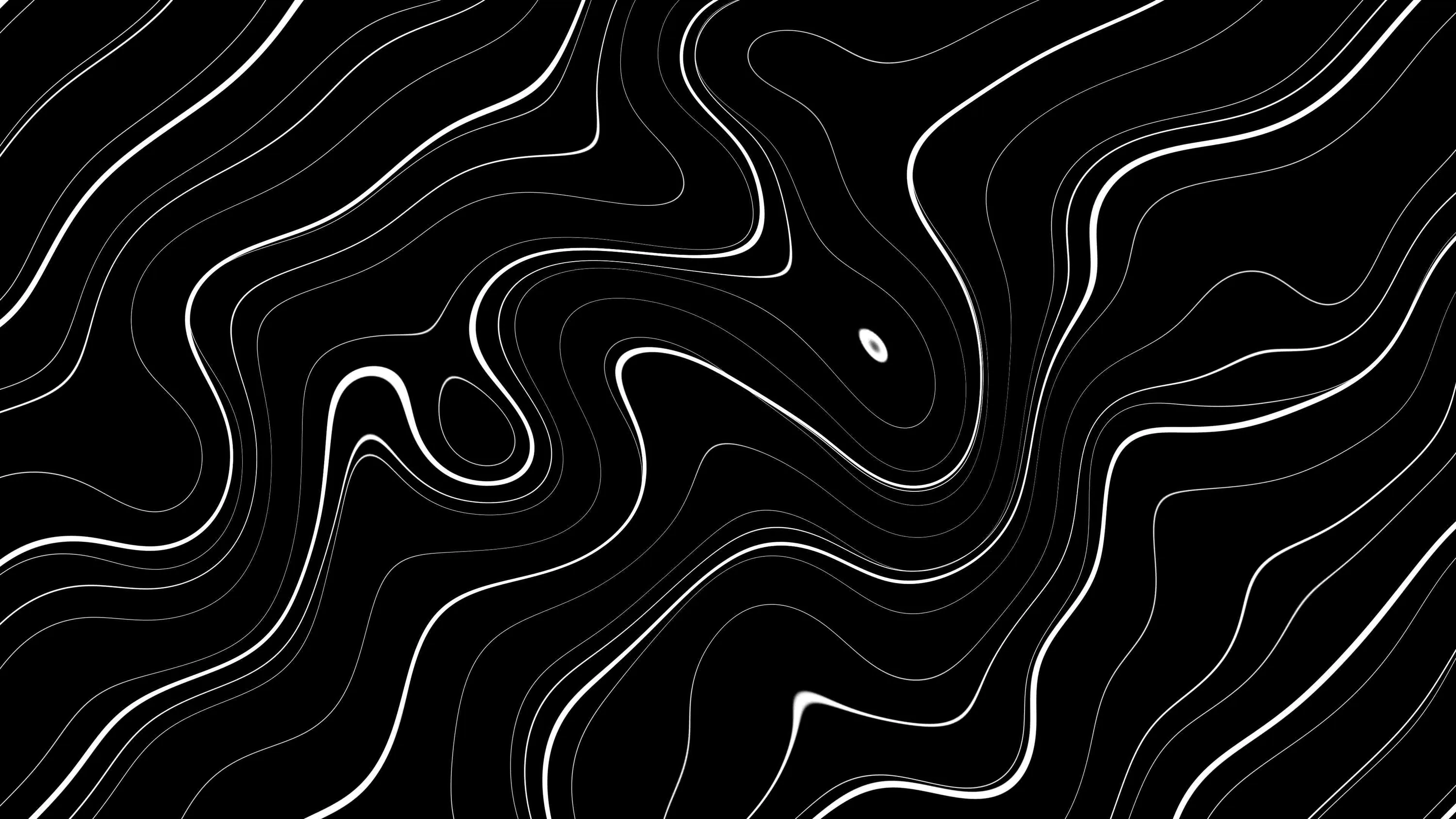 Thin white lines bend and fold across black like a topographic map stretched sideways, one small teardrop gap sitting near the middle.