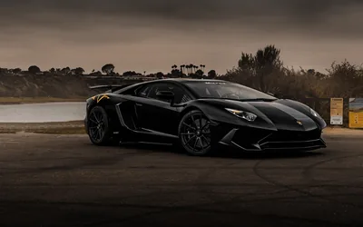Rear three-quarter of an Aventador with its tall wing raised, gold badging and calipers catching a dull coastal light with a lagoon and low scrub behind it.