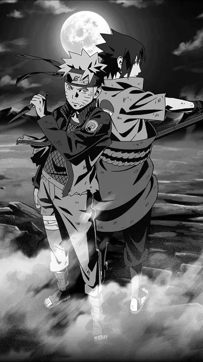 Two figures stand back to back in fog with a katana raised, a bright full moon behind them and the whole scene in monochrome.