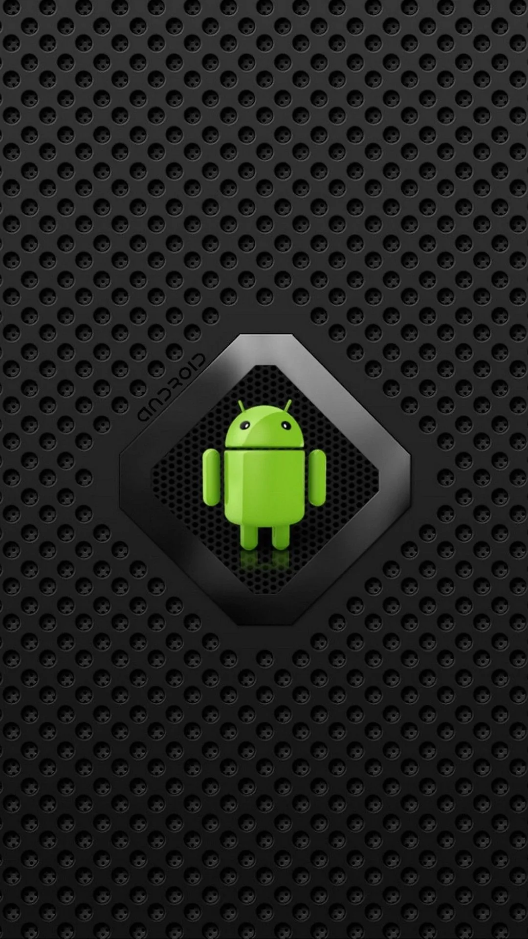 A green Android robot sits inside a rounded black badge, centred on a perforated metal mesh that dims toward the outer edges.