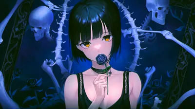 A black bob and yellow eyes, a dark rose held to her lips, pale skulls and bones stacked in the blue gloom on either side of her.