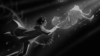 One figure reaches out while the other comes apart into ribbons and dust, the whole exchange rendered in soft greyscale on black.